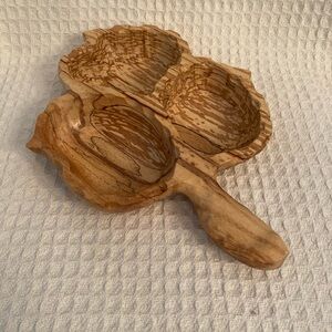 Spalted Solid Wood Divided Candy/Nut Bowl In A Leaf Shape With A Handle 12” X 9”